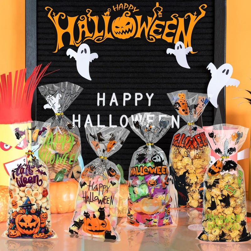 Twavang 150 Pcs Halloween Cellophane Treat Bags, Halloween Trick or Treat Goodie Bags with 170 Pcs Twists for Snacks Cookies Packing (10.8 x 4.9 inches) - Image 3